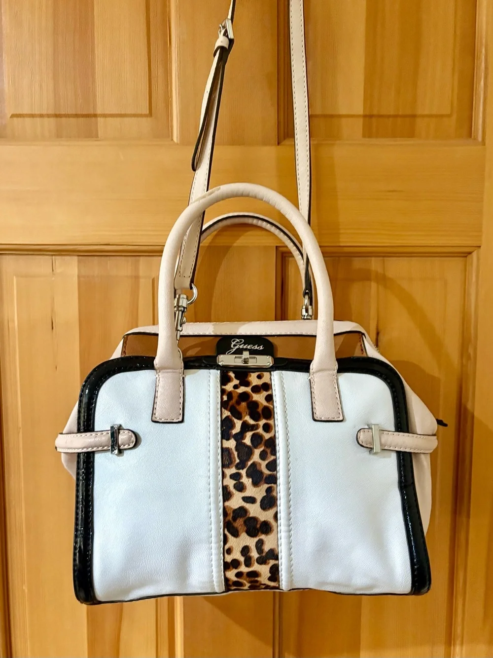 Guess White Satchel with Leopard Stripe and Black Trim - Multicolored